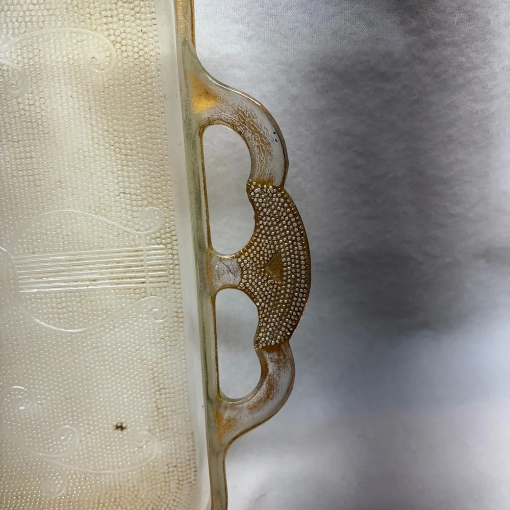 Vintage Harp Etched Glass Serving Tray with Handles‎ Ornate Floral Design